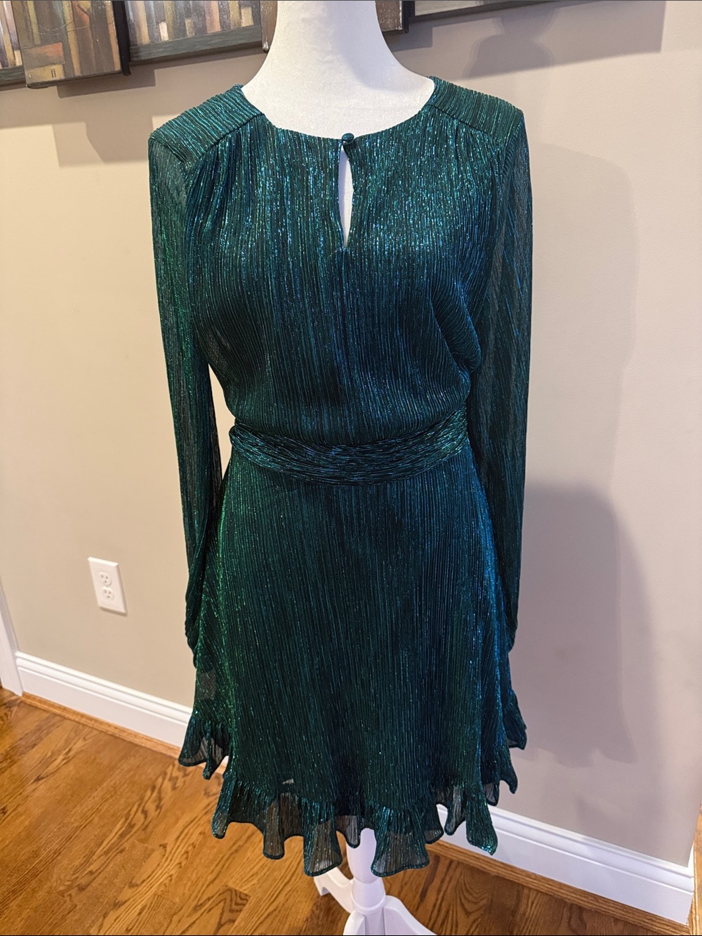 MSK Emerald Green Long-Sleeve Pleated Ruffle Dress